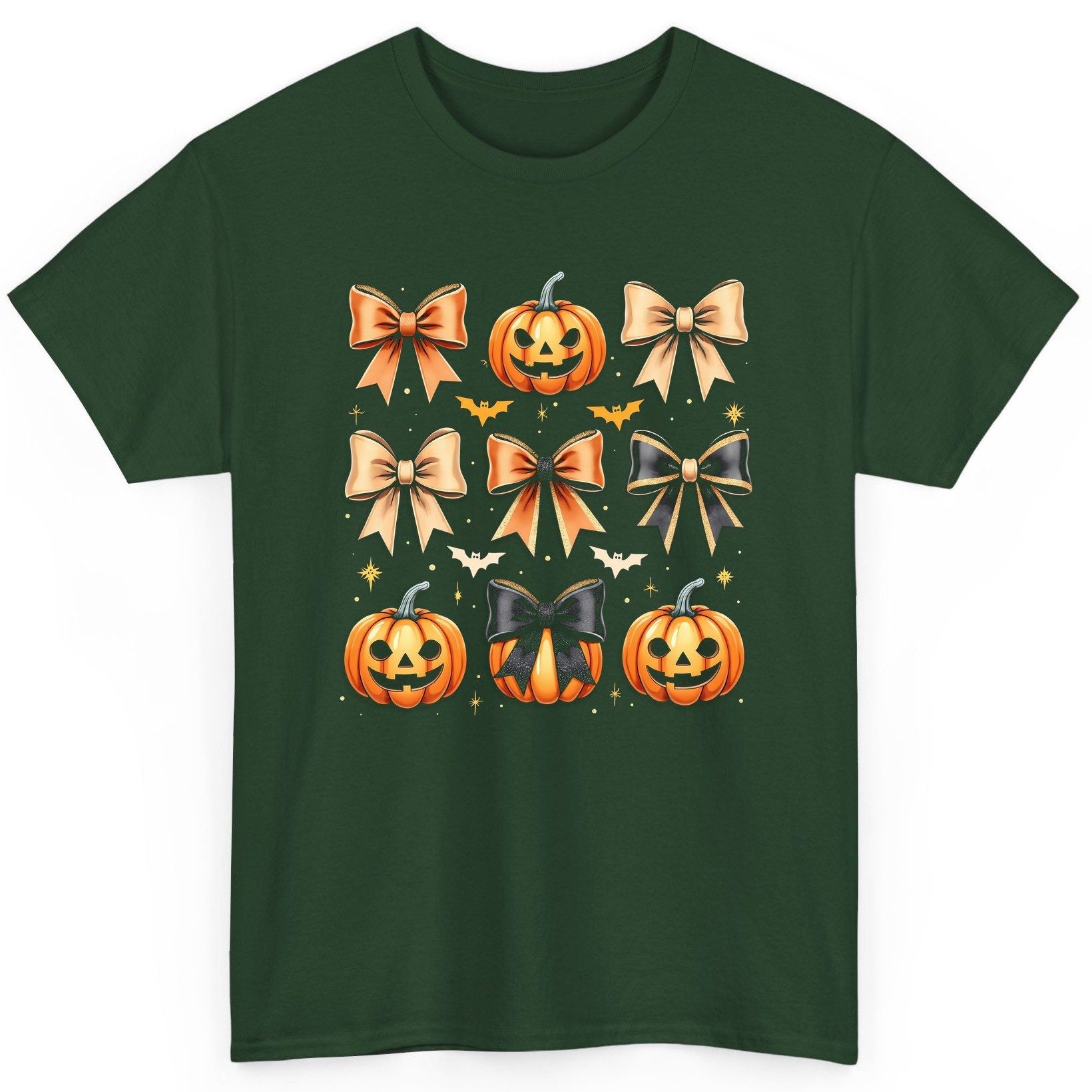 Cute Halloween Pumpkins and Bows Halloween T-Shirt Forest Green product mockup