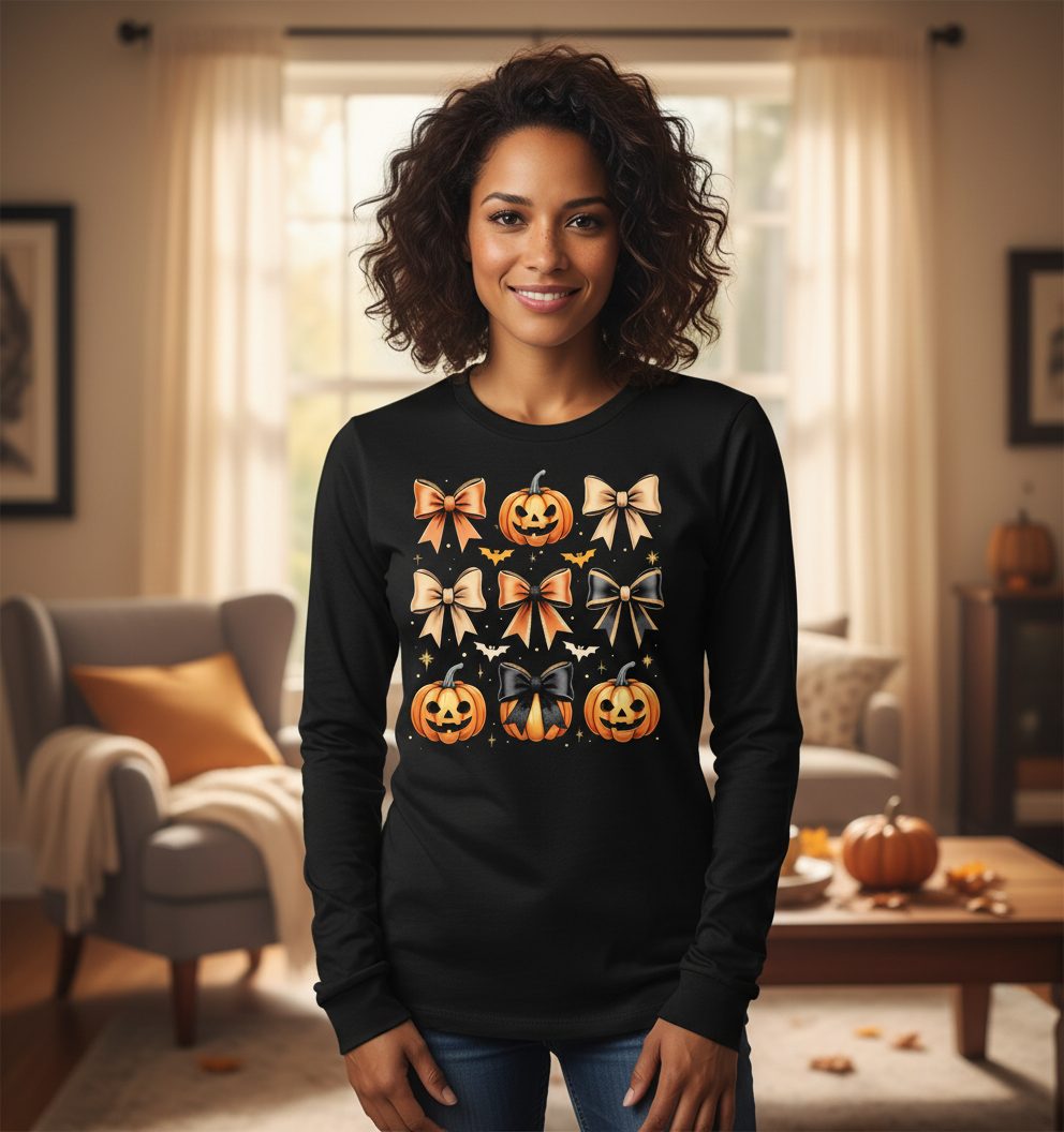 Cute Halloween Pumpkins and Bows Halloween Long Sleeve Tee Black lifestyle mockup