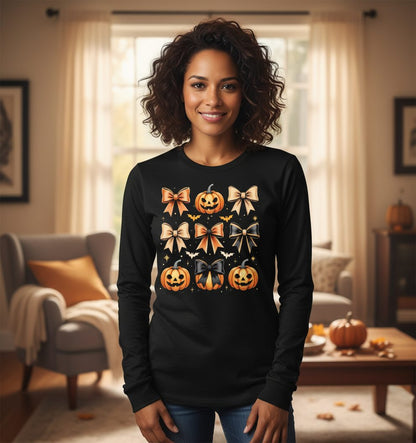 Cute Halloween Pumpkins and Bows Halloween Long Sleeve Tee Black lifestyle mockup
