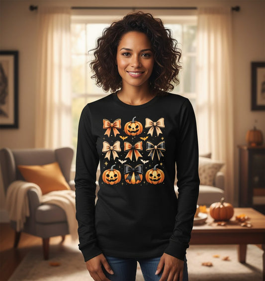 Cute Halloween Pumpkins and Bows Halloween Long Sleeve Tee Black lifestyle mockup