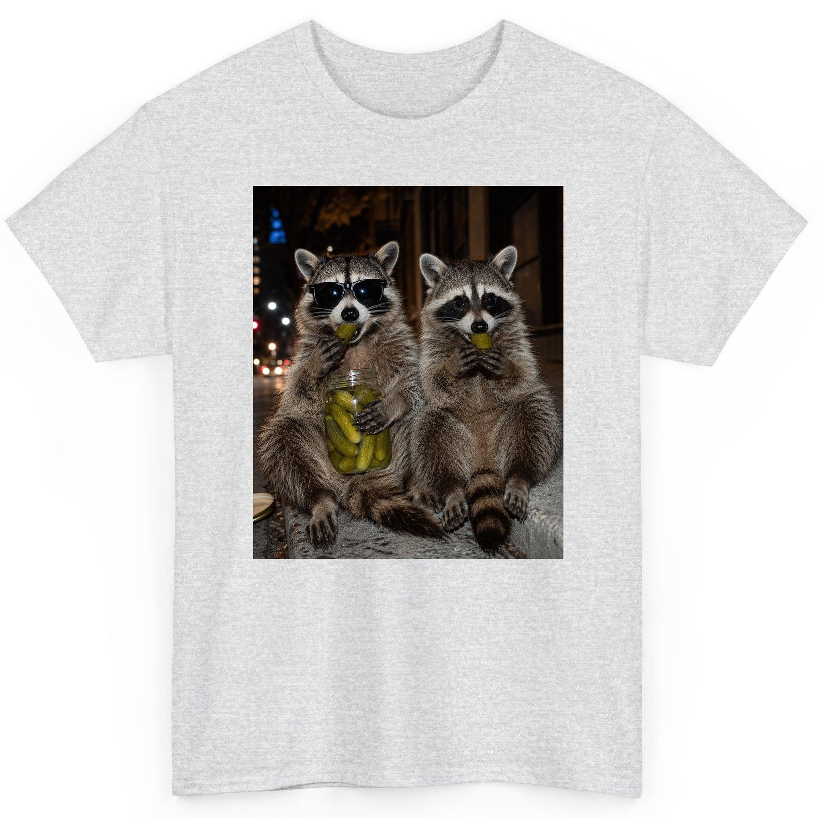Raccoons Eating Pickles Funny Animal Lovers T-Shirt - product mockup - Ash