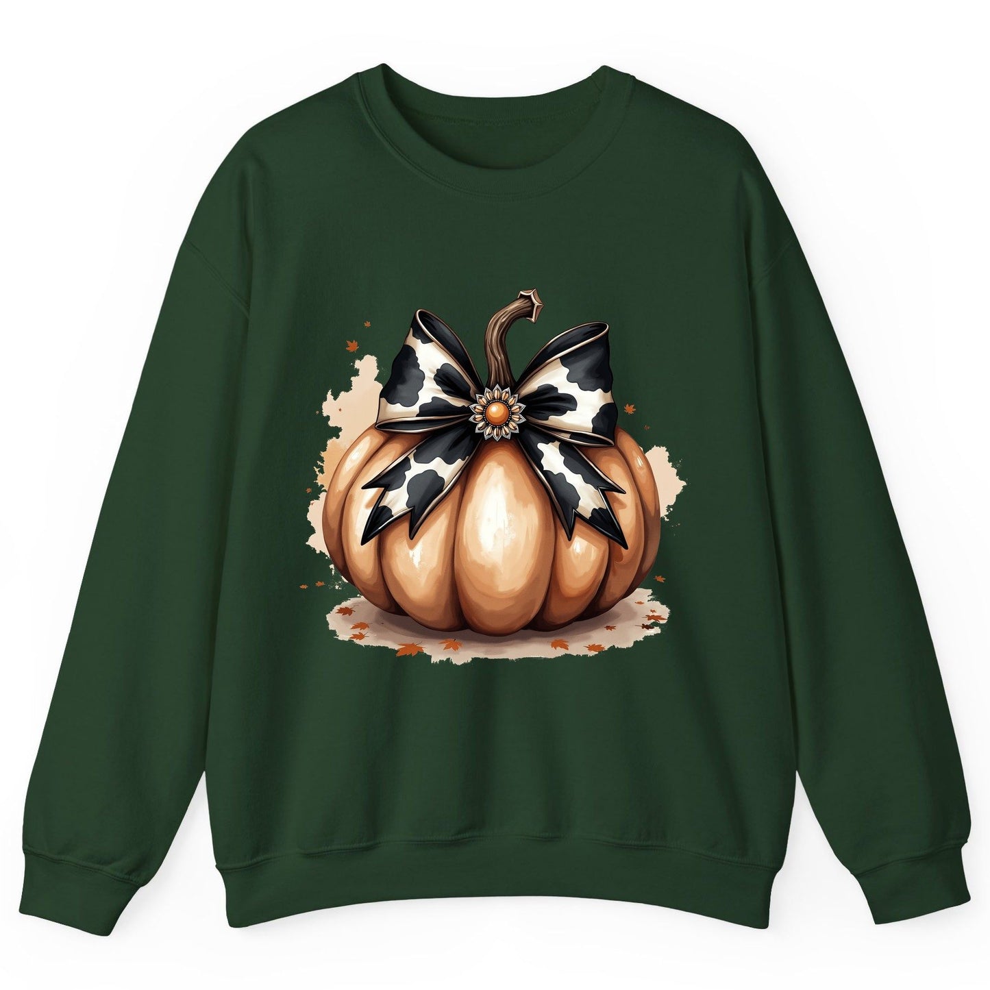 Cow Print Bow Pumpkin pumpkin Sweatshirt Forest Green product mockup