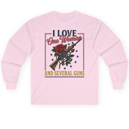 I LOVE One Woman AND Several GUNS Funny Pro-Gun Long Sleeve Tee - product mockup - Light Pink