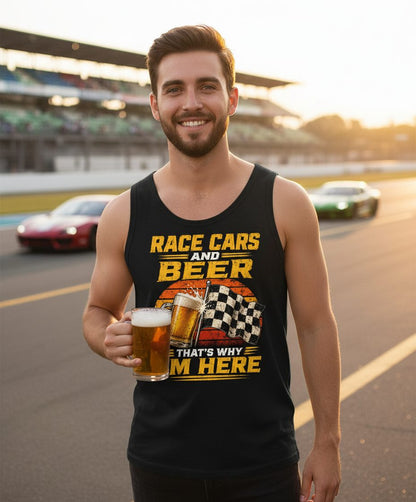 Race Cars and Beer That's Why I'm Here Funny Racing Tank Top - lifestyle model mockup - Black