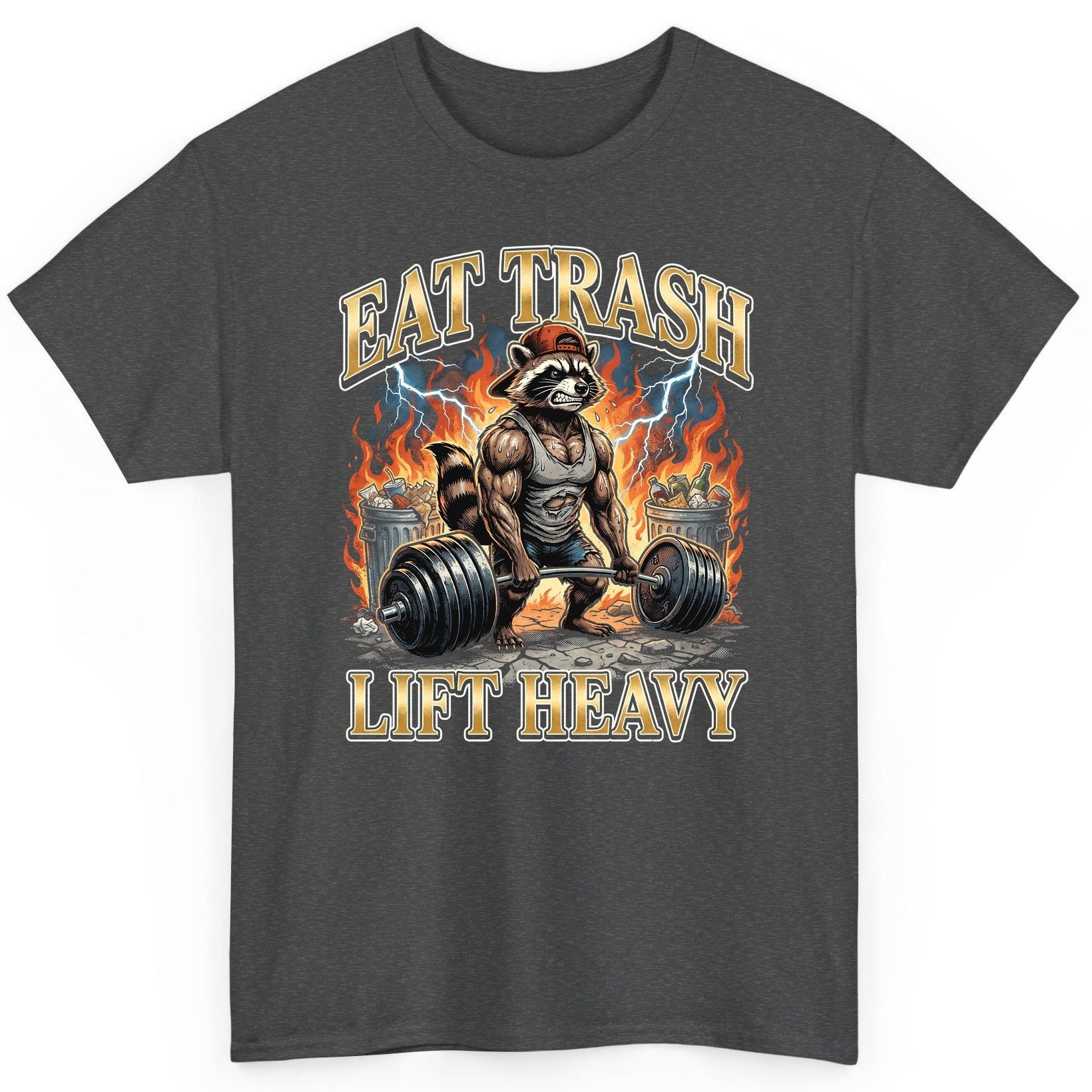 Eat Trash Lift Heavy raccoon T-Shirt Dark Heather product mockup