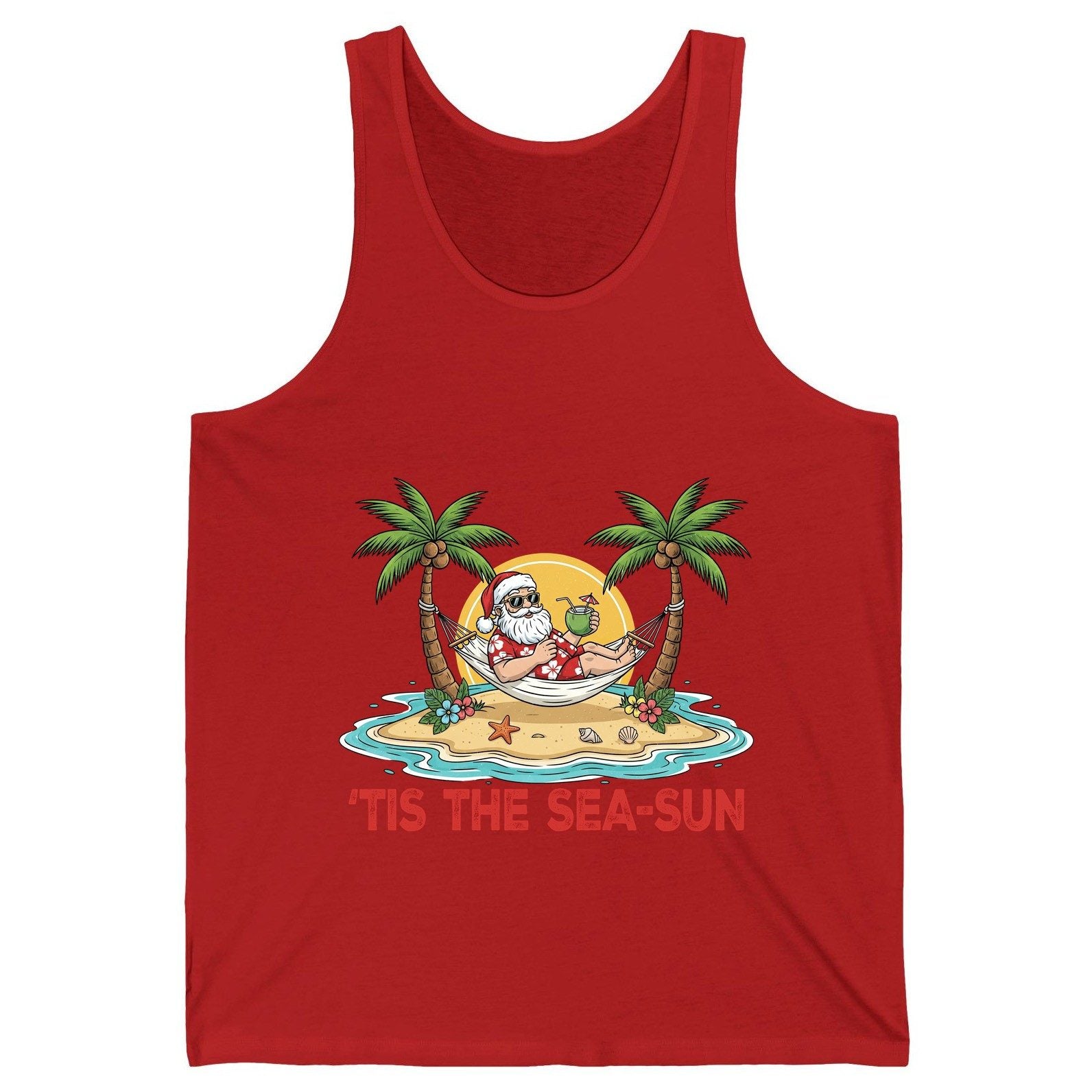 'Tis the Sea-Sun santa claus on a tropical vacation Tank Top Red product mockup