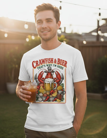 Crawfish & Beer That's Why I'm Here Retro Boil T-Shirt - lifestyle model mockup - White