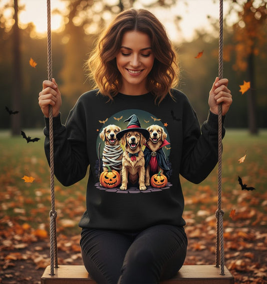 Golden Retriever Halloween Trio golden retriever Sweatshirt Black lifestyle mockup