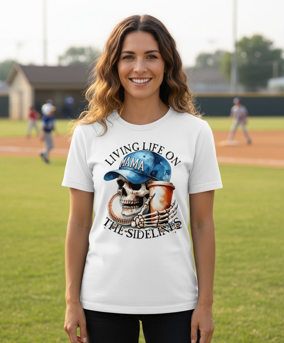 Living Life on the Sidelines Mama baseball mom T-Shirt White lifestyle mockup