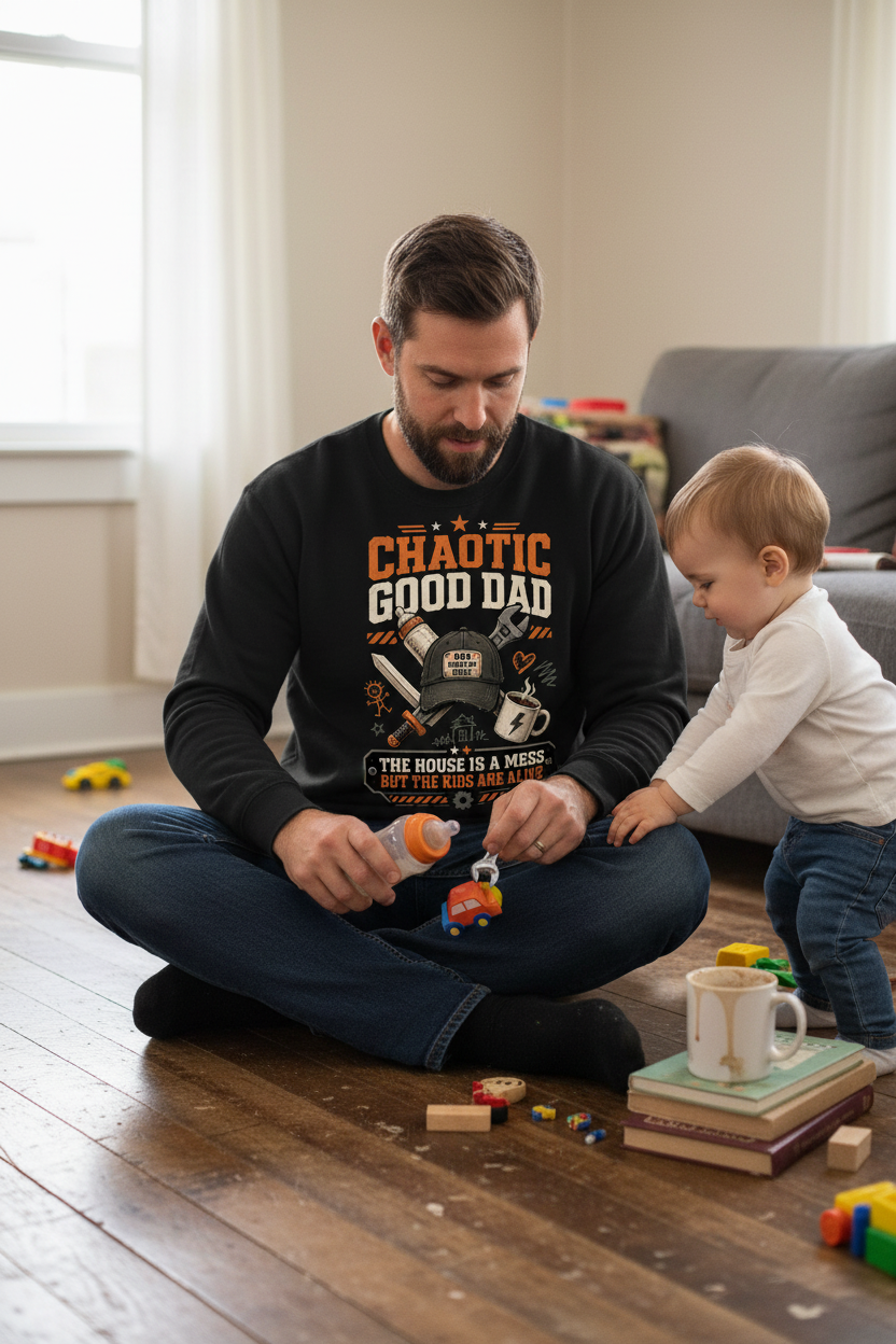 Chaotic Good Dad. The House Is A Mess But The Kids Are Alive. Funny Chaotic Good Dad Sweatshirt - lifestyle model mockup - Black