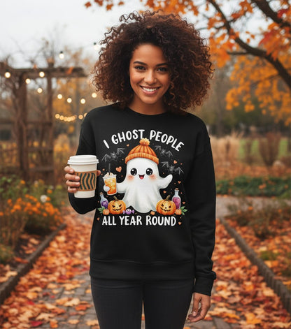 I Ghost People All Year Round cute ghost Sweatshirt Black lifestyle mockup