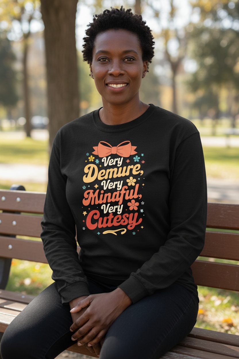 Very Demure, Very Mindful, Very Cutesy positive affirmations Long Sleeve Tee Black lifestyle mockup