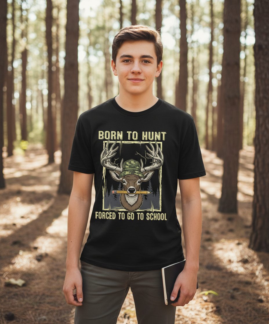 Born to Hunt Forced to Go to School hunting Youth T-Shirt Black lifestyle mockup