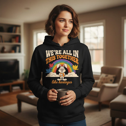 We're All in This Together Like Hostages sarcastic rabbit Hoodie Black lifestyle mockup