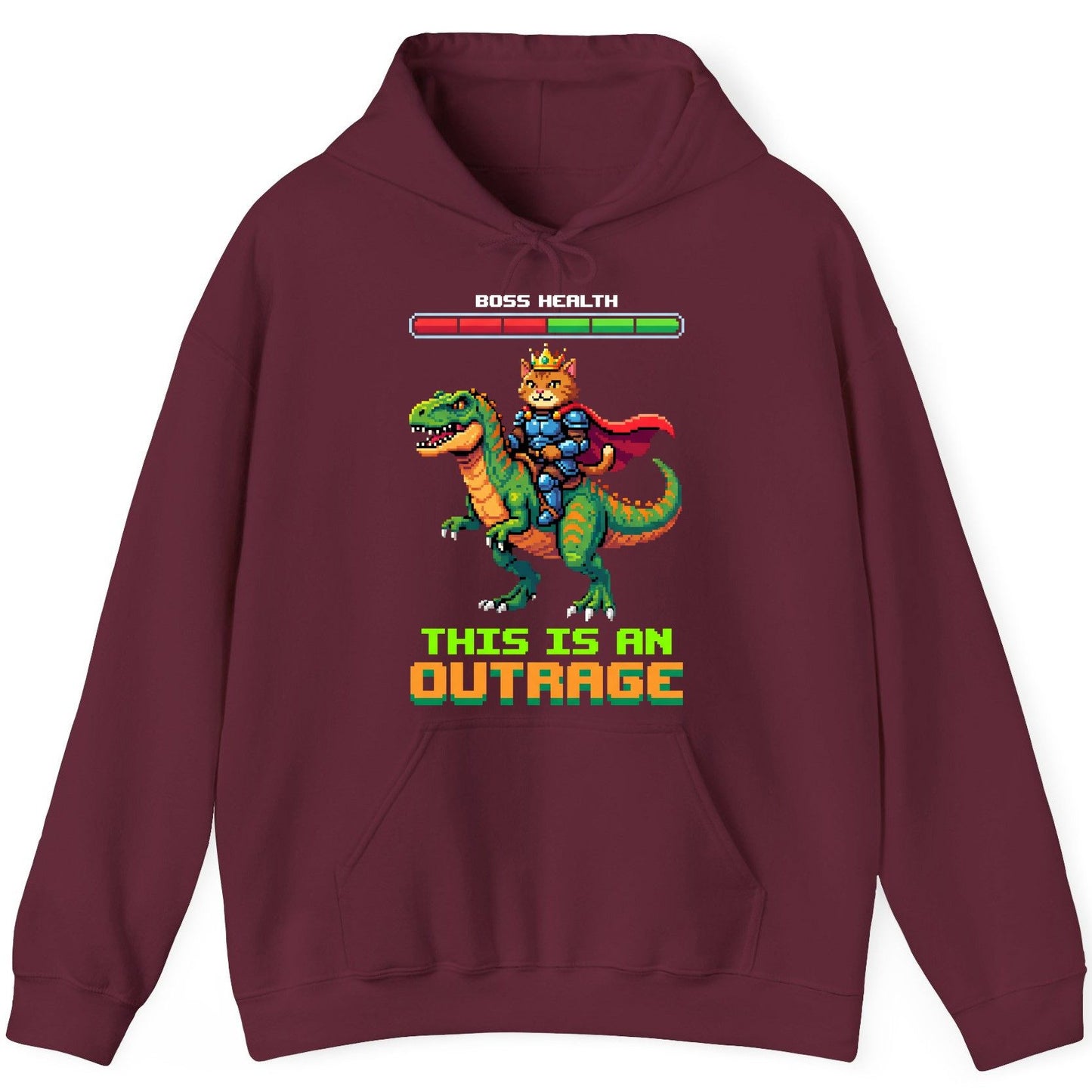 THIS IS AN OUTRAGE Cat riding a dinosaur Hoodie Maroon product mockup