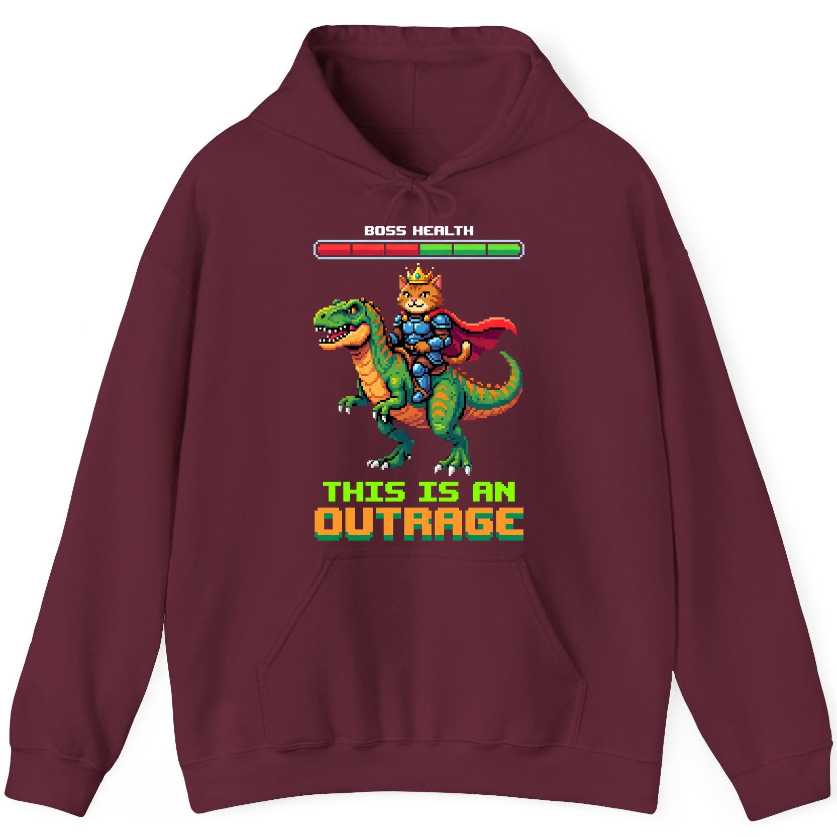 THIS IS AN OUTRAGE Cat riding a dinosaur Hoodie Maroon product mockup
