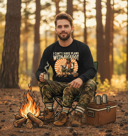 I Can't I Have Plans with Bigfoot bigfoot Long Sleeve Tee Black lifestyle mockup