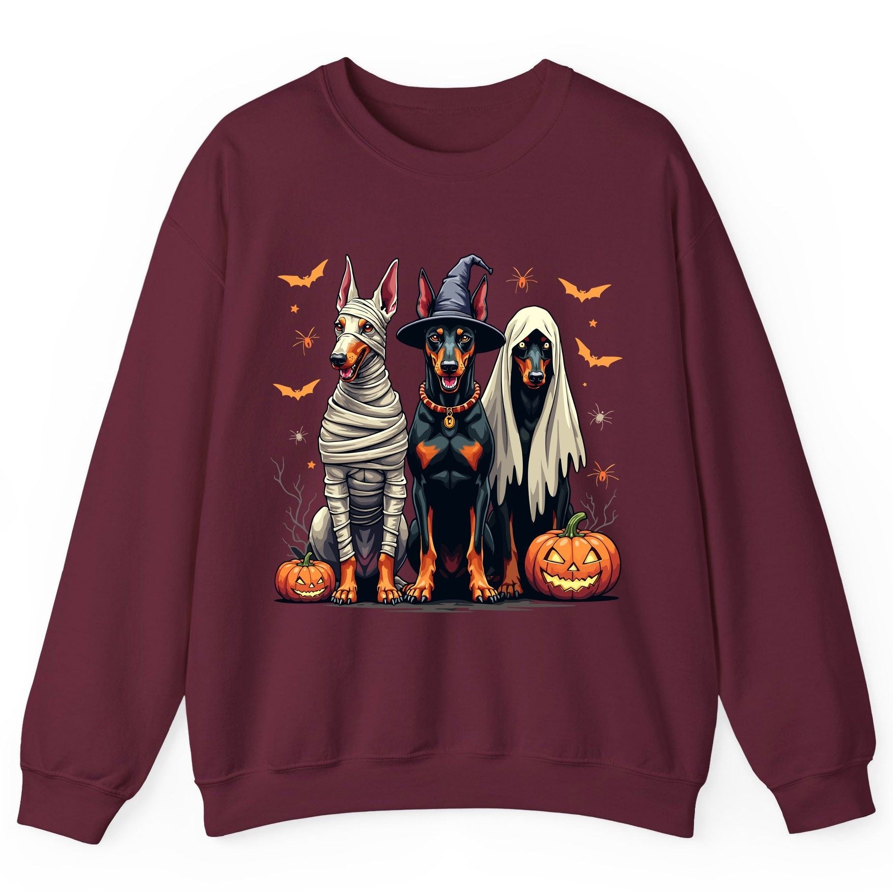 Halloween Doberman Trio doberman pinscher Sweatshirt Maroon product mockup