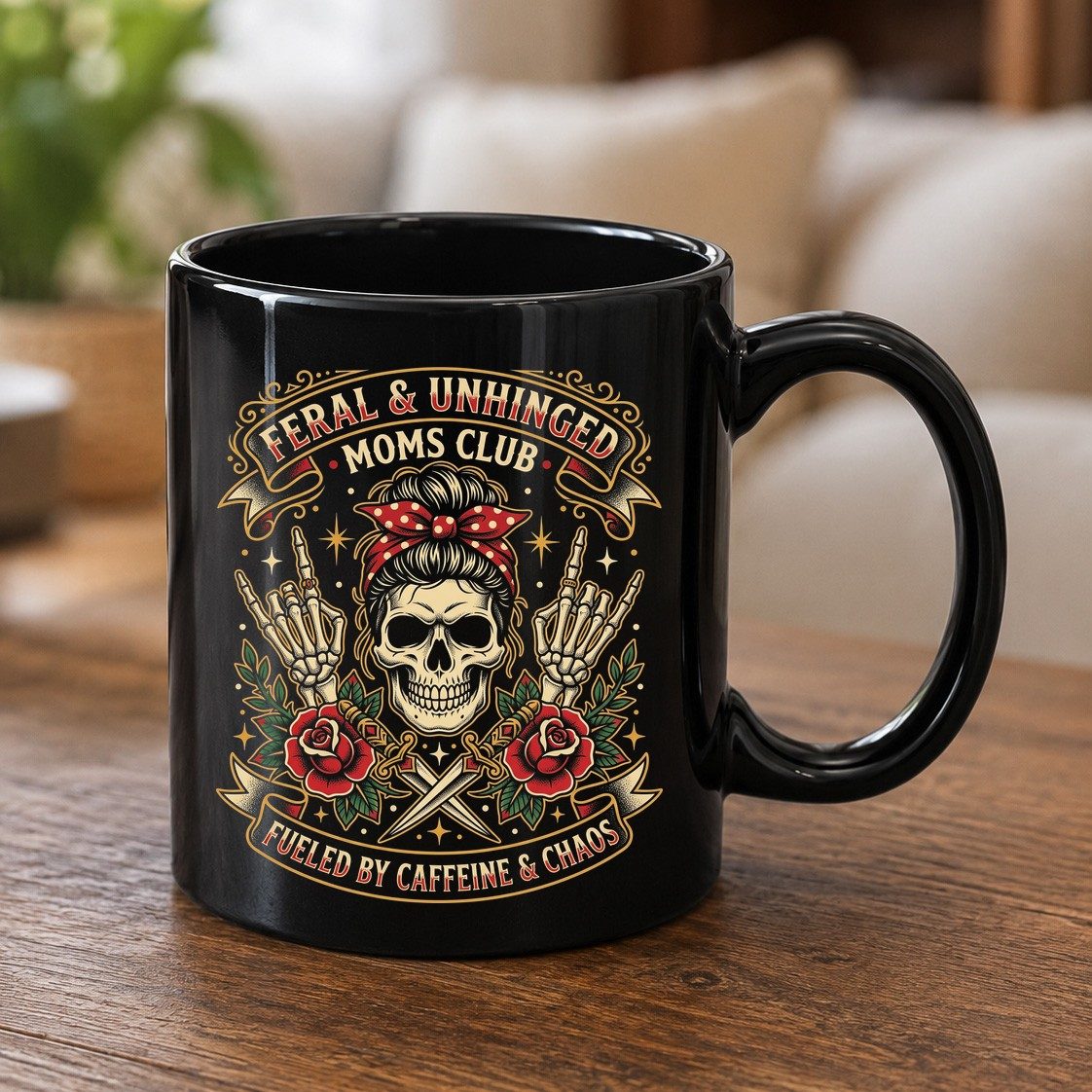 Feral & Unhinged Moms Club Fueled by Caffeine & Chaos Black Mug - product mockup - Black