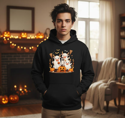 Cute Ghost Cows Halloween cows Hoodie Black lifestyle mockup