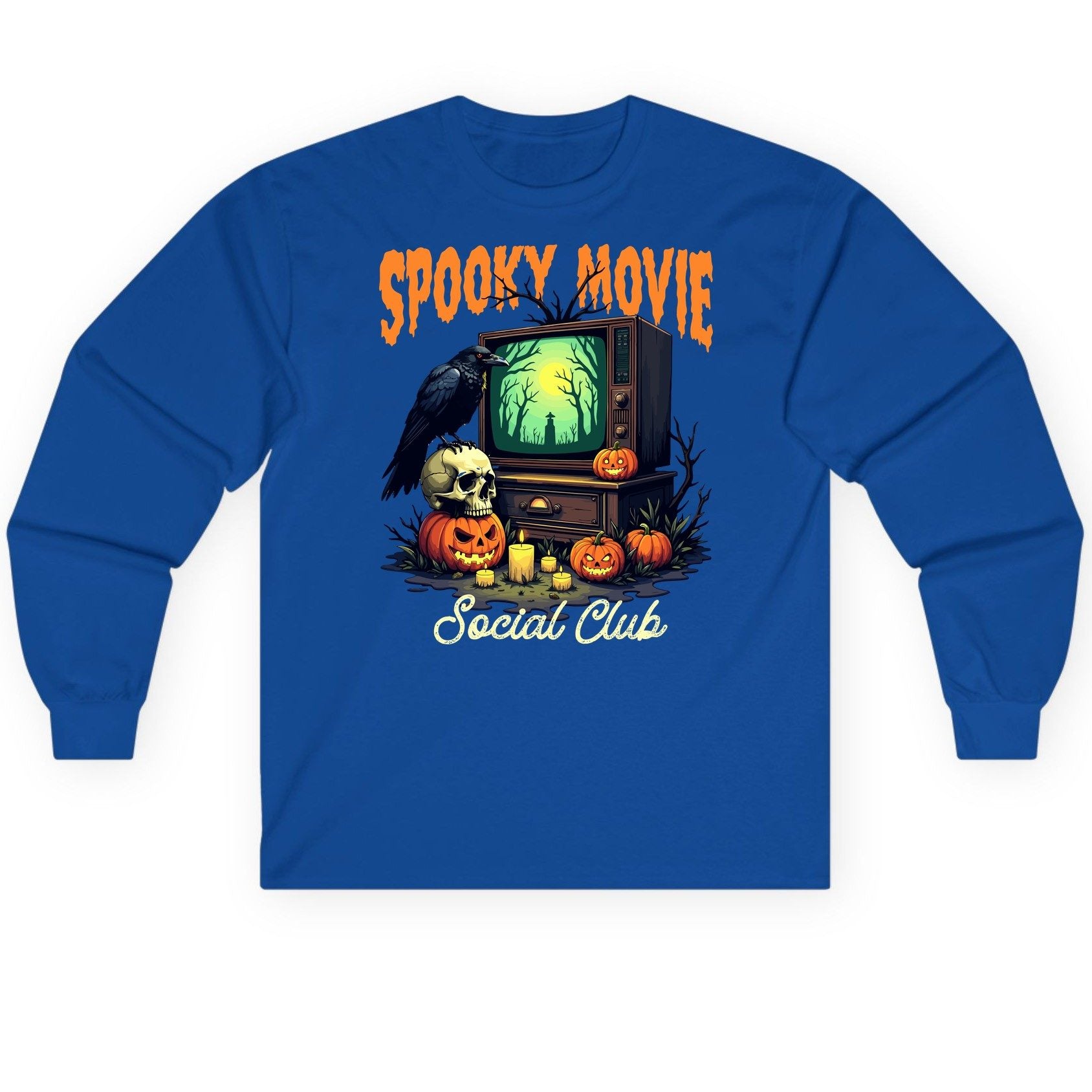 Spooky Movie Social Club Halloween Long Sleeve Tee Royal product mockup