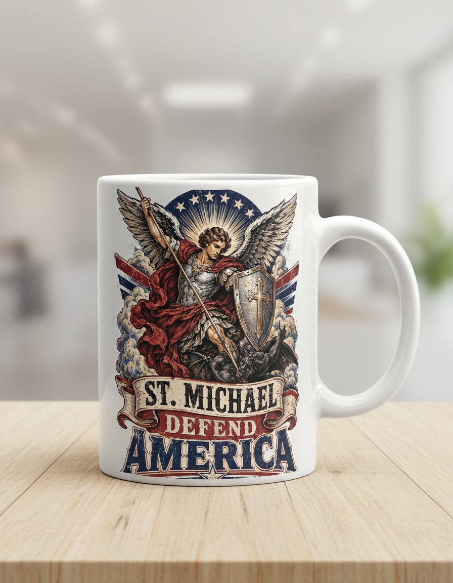 St Michael Defend America Vintage Patriotic Christian White Mug - product mockup - White