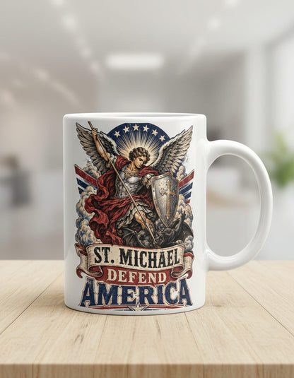 St Michael Defend America Vintage Patriotic Christian White Mug - product mockup - White