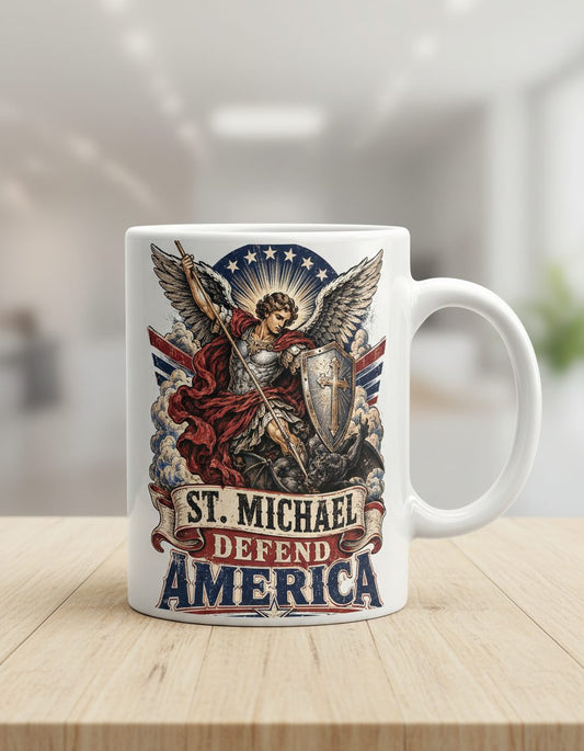 St Michael Defend America Vintage Patriotic Christian White Mug - product mockup - White