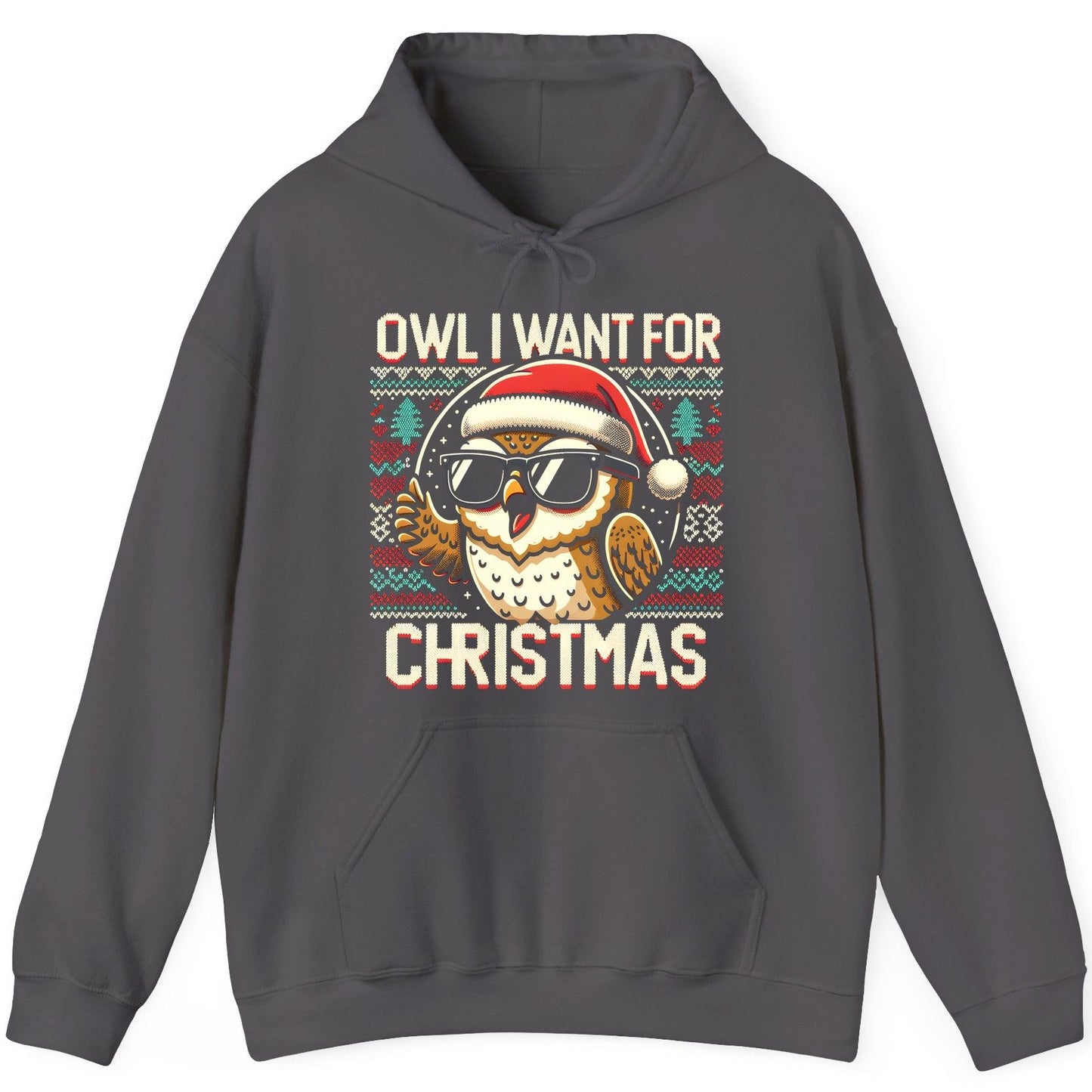 Owl I Want for Christmas Christmas owl Hoodie Charcoal product mockup