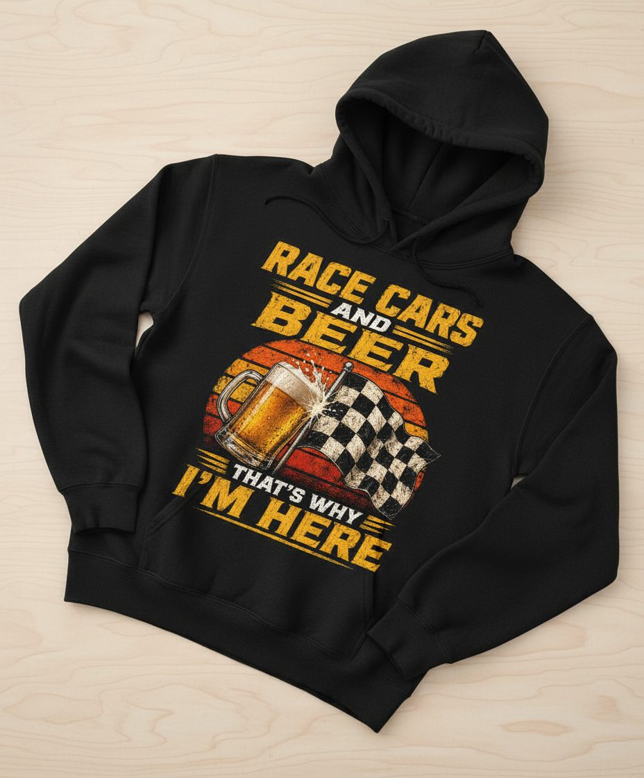 Race Cars and Beer That's Why I'm Here Funny Racing Hoodie - product mockup - Black