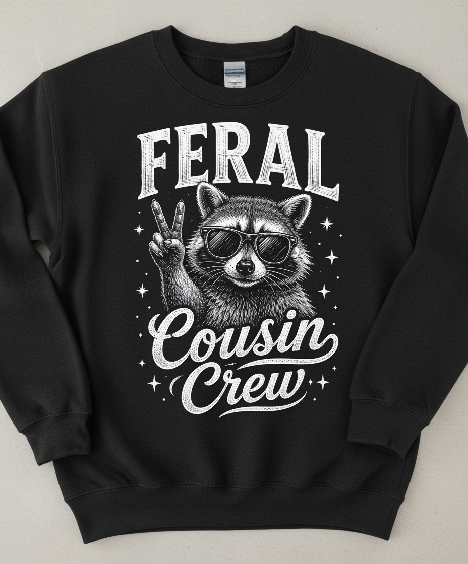 Feral Cousin Crew Raccoon T-Shirt Sweatshirt - Black