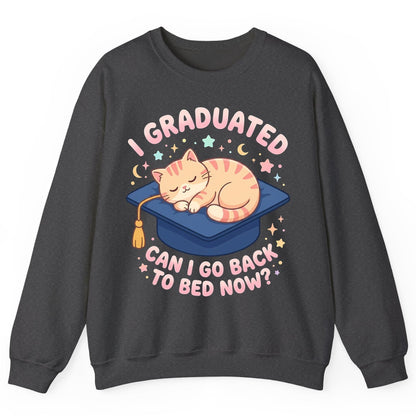 I Graduated CAN I GO BACK TO BED NOW Funny Graduation Cat Sweatshirt - product mockup - Dark Heather