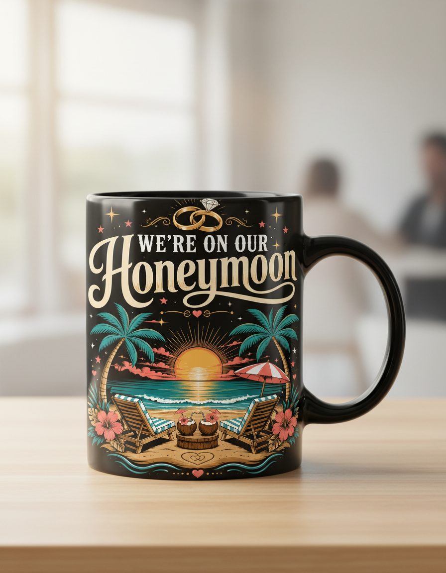We're on Our Honeymoon Retro Newlyweds Black Mug - product mockup - Black