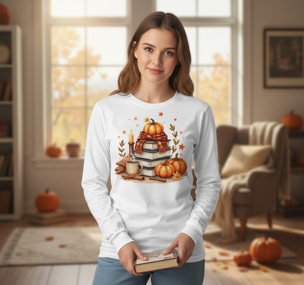 Cozy Autumn Reading Nook cozy autumn reading Long Sleeve Tee White lifestyle mockup