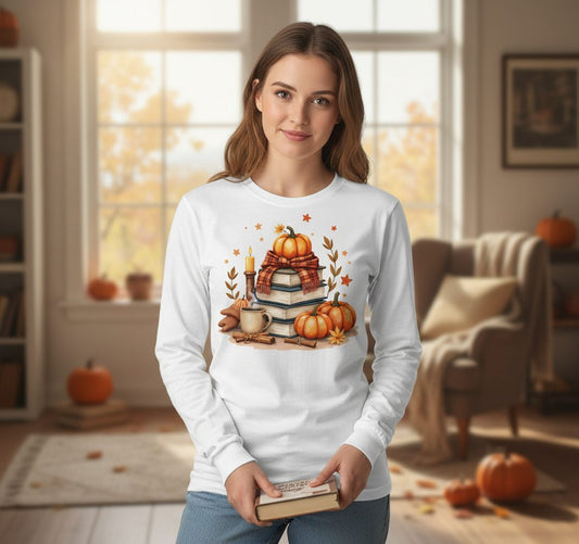 Cozy Autumn Reading Nook cozy autumn reading Long Sleeve Tee White lifestyle mockup