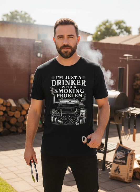 I'M JUST A DRINKER WITH A SMOKING PROBLEM Funny Drinker With A Smoking Problem BBQ T-Shirt - lifestyle model mockup - Black