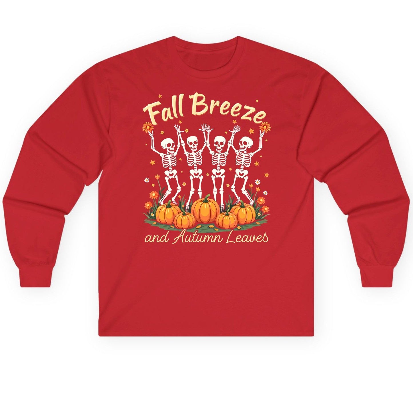 Fall Breeze and Autumn Leaves dancing skeletons Long Sleeve Tee Red product mockup