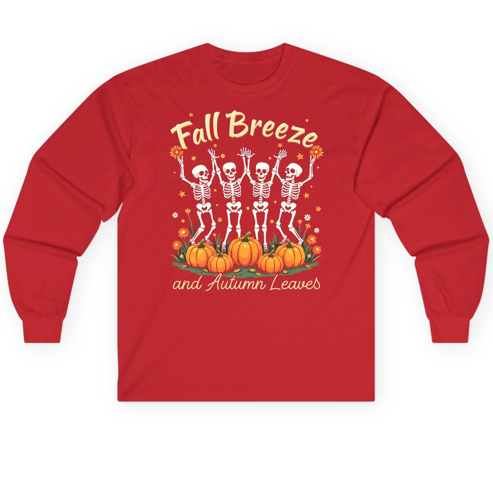 Fall Breeze and Autumn Leaves dancing skeletons Long Sleeve Tee Red product mockup