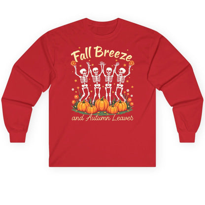 Fall Breeze and Autumn Leaves dancing skeletons Long Sleeve Tee Red product mockup