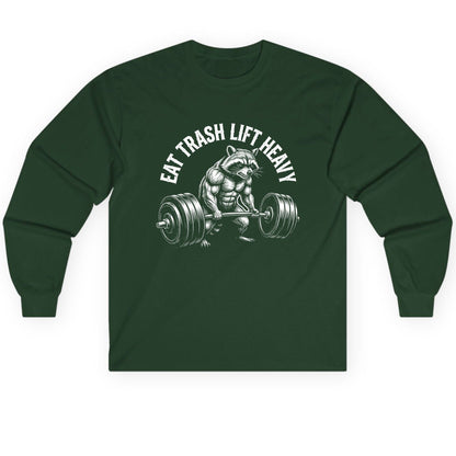 Eat Trash Lift Heavy raccoon Long Sleeve Tee Forest Green product mockup