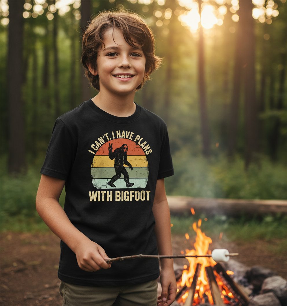 I Can't I Have Plans with Bigfoot bigfoot Youth T-Shirt Black lifestyle mockup