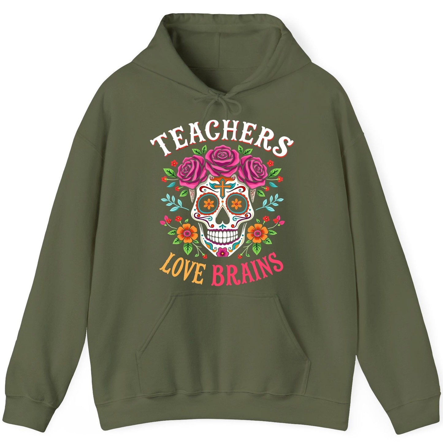 Teachers Love Brains teacher Hoodie Military Green product mockup