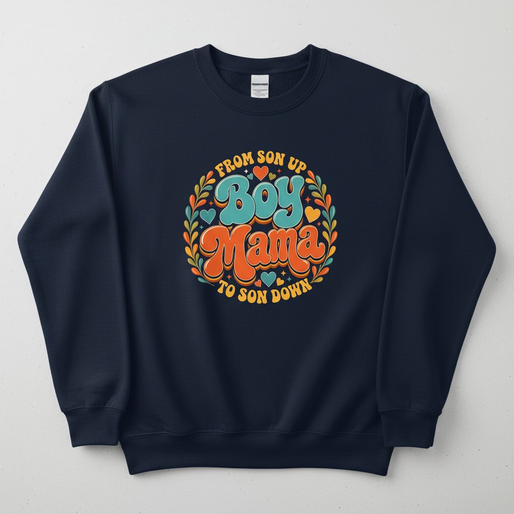 From Son Up to Son Down Boy Mama Retro Mothers of Sons Sweatshirt - product mockup - Navy
