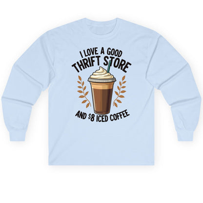 I Love a Good Thrift Store and 8 Iced Coffee coffee and thrifting Long Sleeve Tee Light Blue product mockup