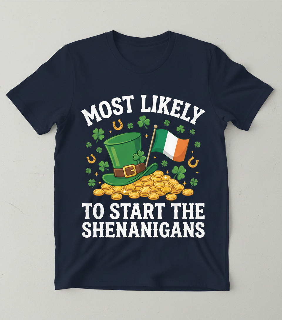 Most Likely To Start The Shenanigans St. Patrick's Day Design T-Shirt - Navy