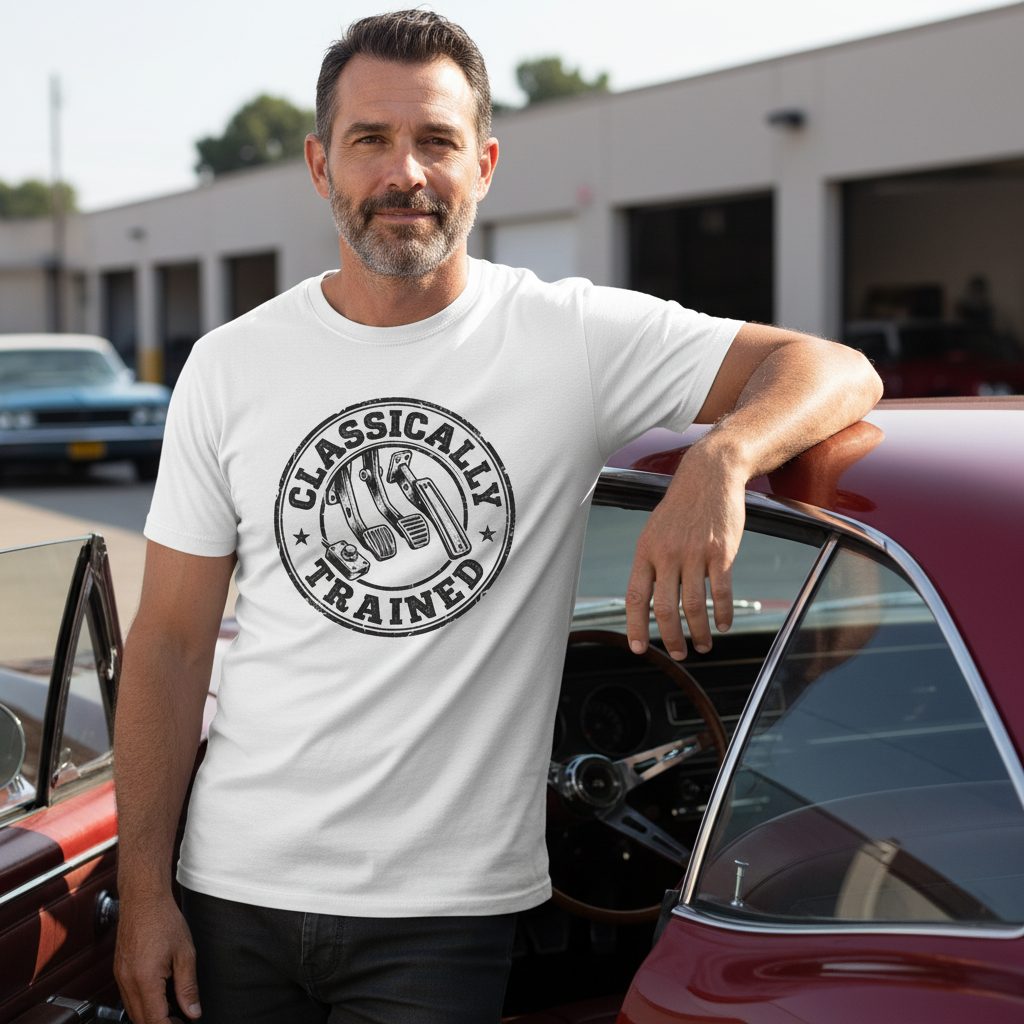Classically Trained Vintage Manual Transmission T-Shirt - lifestyle model mockup - White