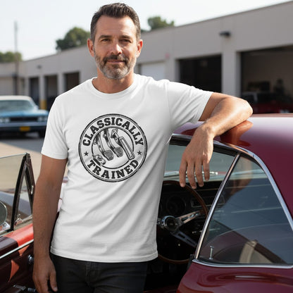 Classically Trained Vintage Manual Transmission T-Shirt - lifestyle model mockup - White