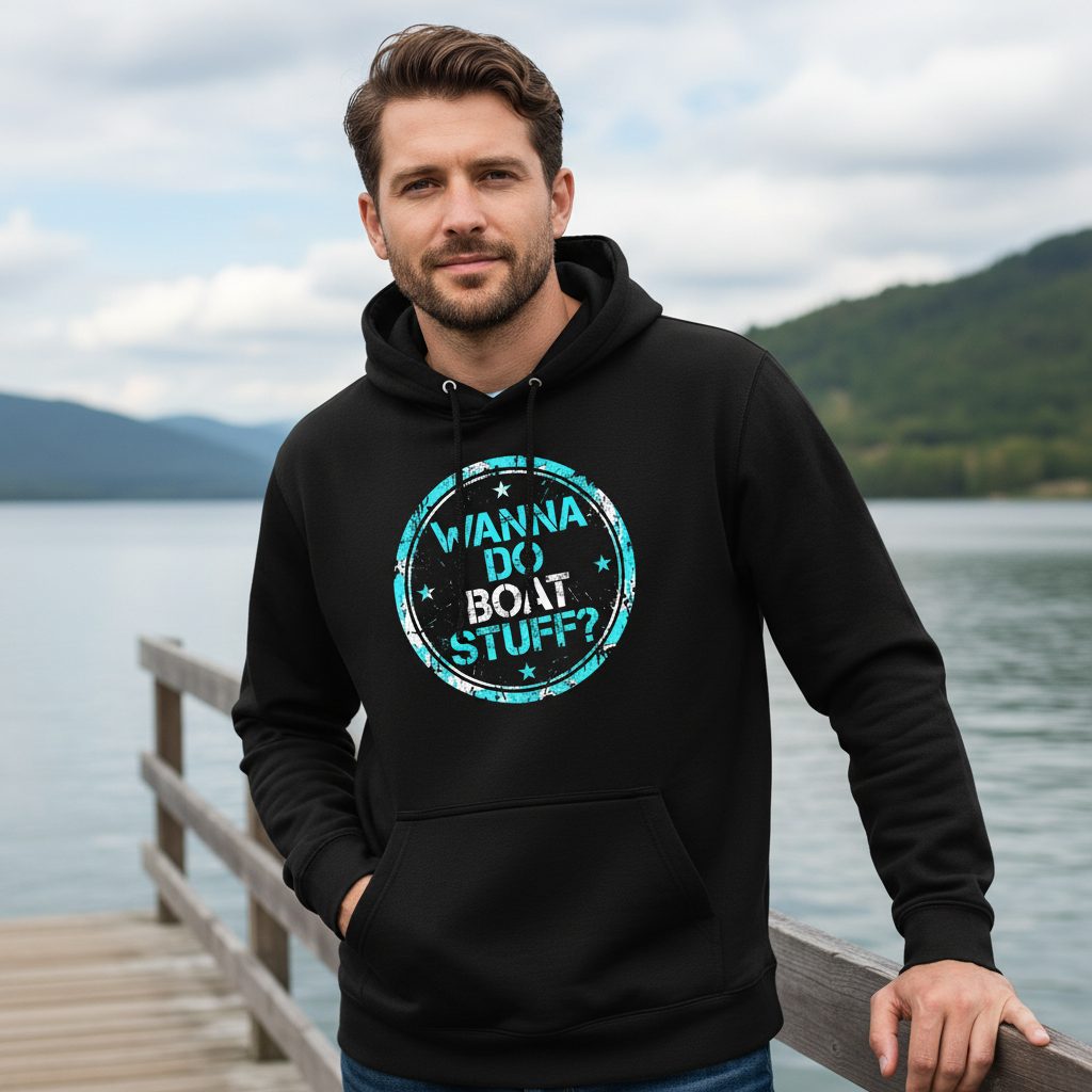 WANNA DO BOAT STUFF Funny Boating Hoodie - lifestyle model mockup - Black