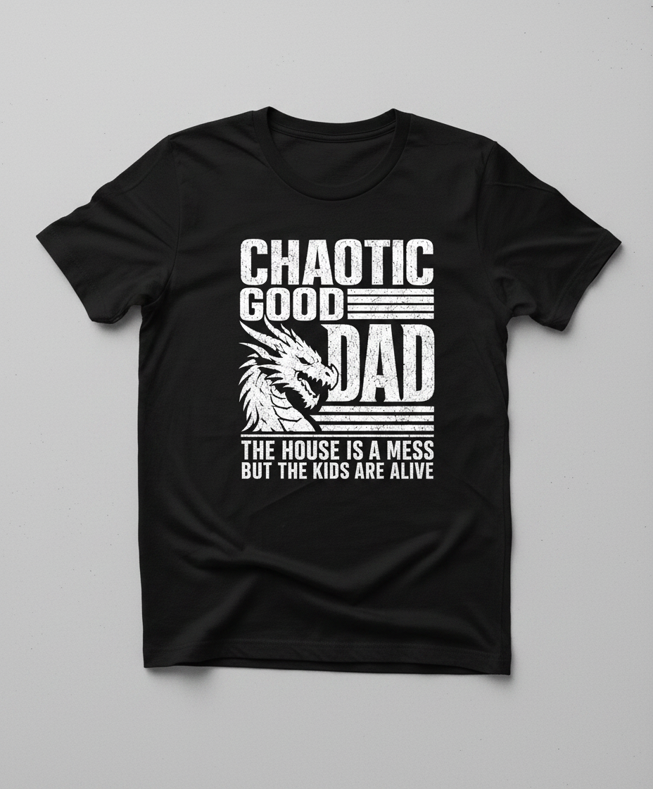 CHAOTIC GOOD DAD THE HOUSE IS A MESS BUT THE KIDS ARE ALIVE Funny Chaotic Good Dad Dragon T-Shirt - product mockup - Black