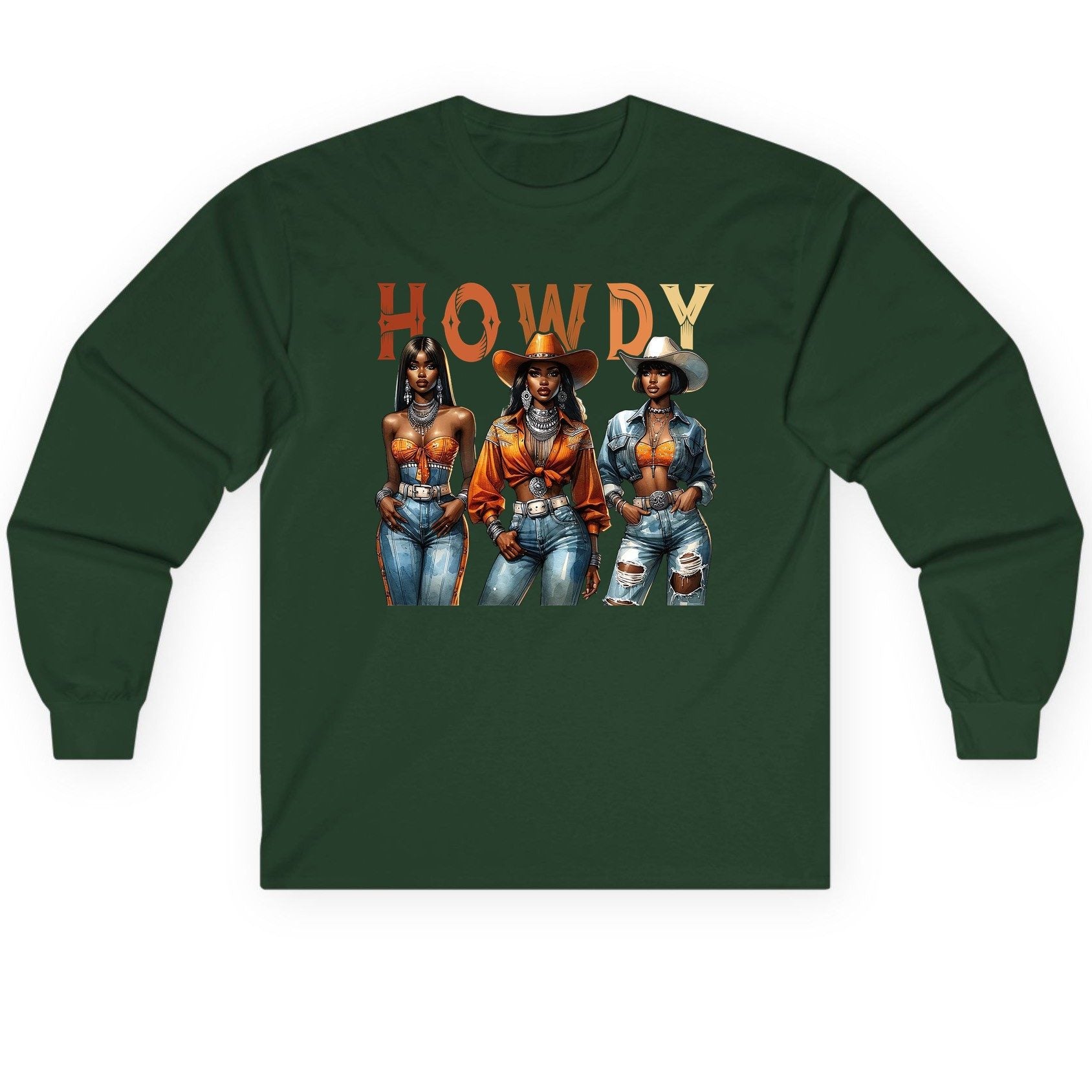 Howdy black cowgirls Long Sleeve Tee Forest Green product mockup